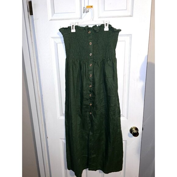 FAITHFULL THE BRAND Green Linen Smocked Sleeveless Midi Dress Button Down Sz 10 - Picture 2 of 16